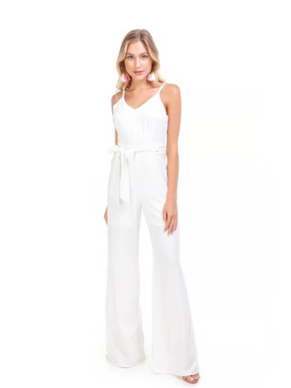 Line & Dot White Sleeveless V-Neck Wide-Leg Jumpsuit with Waist Tie XS